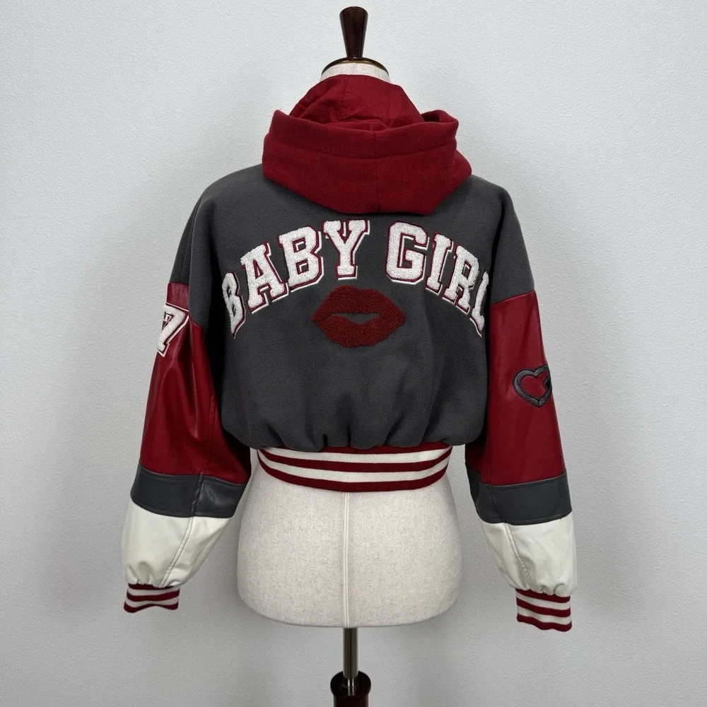 Forever 21 Varsity Jacket Womens Small Red Crop Baby Girl Y2K Bratz Streetwear - Picture 10 of 14